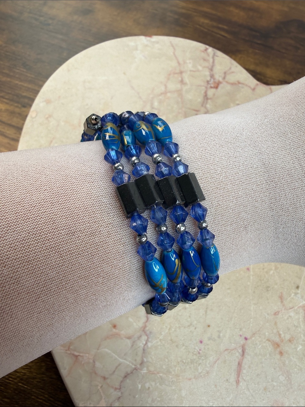 Blue Beaded Hematite Bracelet with Silver Accents